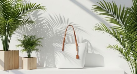 Stylish handbag showcased with tropical plants and soft sunlight
