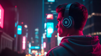 Man wearing headphones standing in a vibrant cityscape at dusk with neon lights