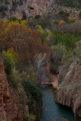 Lush historical garden park with waterfalls and ancient pathways at Monasterio de Piedra in Spain