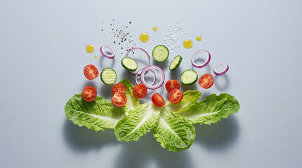Deconstructed salad ingredients floating in organized vertical layers with oil droplets against light blue studio backdrop with copy space