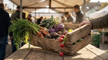 Unrecognizable vendor hand positioning wooden crate filled with soil-covered root vegetables on counter against blurred sunny farmers market backdrop
