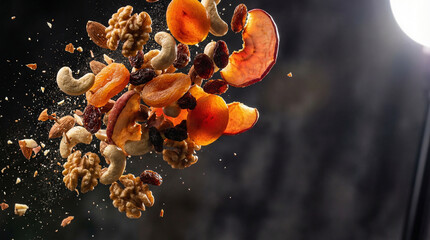Vibrant dried fruit and nut assortment floating in dramatic studio lighting against dark grey backdrop with copy space