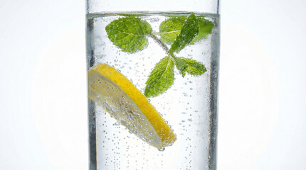 Sparkling mineral water glass with lemon slice and mint sprig macro view in bright white and yellow tones as refreshing summer detox beverage concept