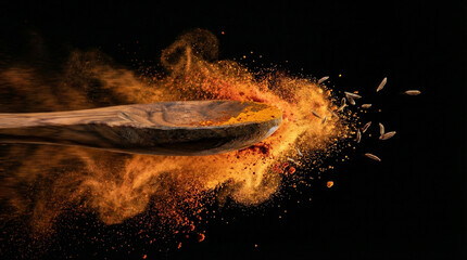 Olive wood spoon with exploding chili powder and cumin seeds in vibrant orange motion freeze style as spicy indian culinary concept with copy space