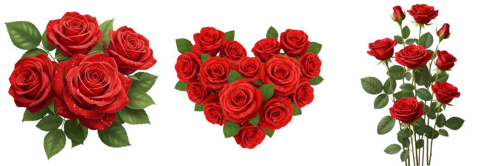 Collection of red roses isolated on transparent background