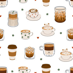 Seamless pattern of Coffee Cups with Latte Art. Cute bears, Flower and Heart foam shapes. Cafe Bar or Coffee House Graphics. Vector Illustration.