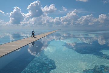 Long minimalist wooden pier extending into a calm blue sea where a lone cyclist rides towards the horizon under white clouds