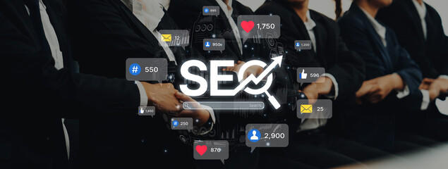 A group of business professionals discusses digital marketing strategies focused on SEO, accompanied by dynamic social media icons and analytics data for impactful insights. Trope