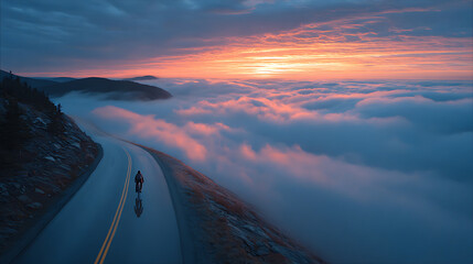 Lone cyclist riding down a mountain road surrounded by a dense blanket of pink and blue clouds at dawn