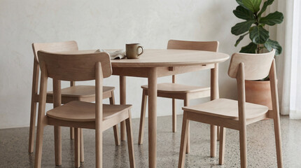 Round oak table arrangement with four chairs and ficus lyrata in clean beige aesthetic as japandi interior mock up with copy space