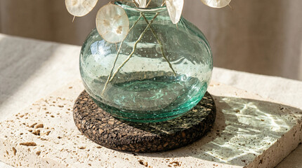 Translucent green vase with dried lunaria pods on cork coaster and travertine slab in sunlit beige tones as sustainable minimalist interior design detail