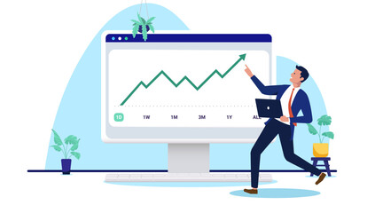 Happy businessman pointing at a rising financial growth arrow on a large computer screen monitor representing digital data analysis and market success in a modern flat design vector illustration