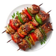 A plate of delicious grilled meat skewers with vegetables on a black background isolated on transparent background