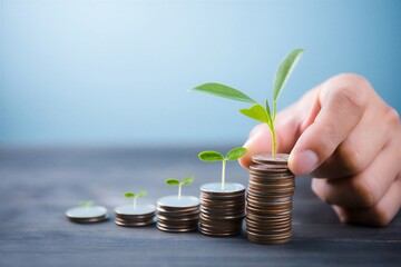 Hand planting coins with growing seedlings for financial investment growth