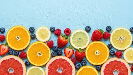 Assortment of Fresh Citrus Fruits and Berries on a Blue Background