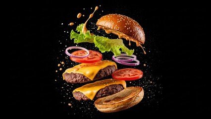 Deconstructed Cheeseburger Ingredients Floating in Mid- Air