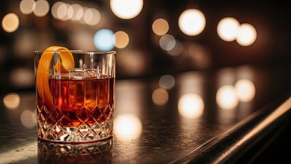 Amber Cocktail with Orange Peel on Bar Counter drink