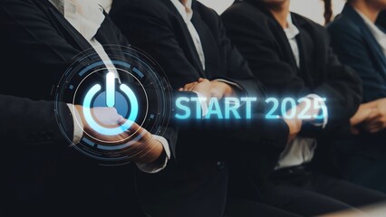 Group of business professionals in suits collaborating in a motivational setting, ready to embrace opportunities as they plan for Start 2025 with digital tools. Raster