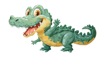 Obraz premium Cheerful Cartoon Cute Baby Crocodile Waving on White Vector with Outline