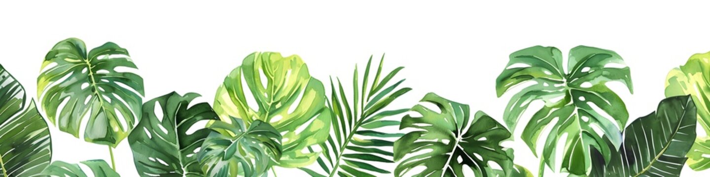 Horizontal border made of monstera leaves painted in watercolor. Tropical plant banner with palm leaf for summer decoration. Banner with copy space