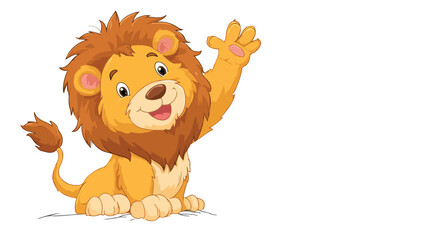 Friendly Cartoon Cute Lion Waving on White Background Vector Illustration