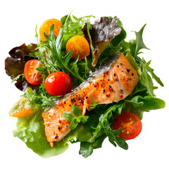 A delicious salmon fillet on a bed of mixed greens salad isolated on transparent background