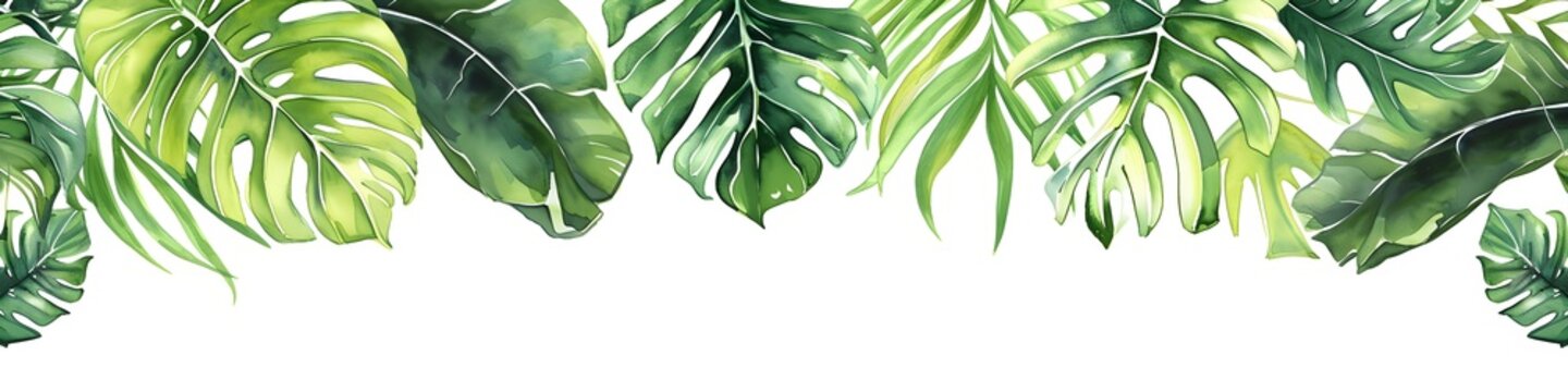 Half border made of monstera leaves painted in watercolor. Tropical plant natural leaf frame for event decoration and wedding invitation Banner with copy space