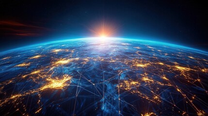 Global communication lines across blue digital grid