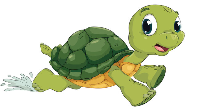 Adorable Cartoon Turtle Running Vector with Outline Isolated on White Background