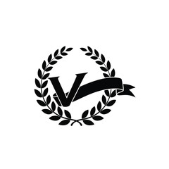 A laurel wreath illustration surrounding a stylized letter V with ribbon banner