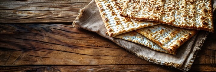 Traditional matzah arrangement for Passover seder. Stack of unleavened bread as a central symbol of the Jewish holiday. Copy space, free space for text