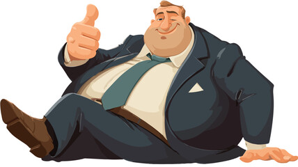 Smiling Cartoon Fat Big Boss Thumbs Up Vector Illustration Isolated with Outline