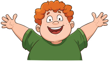 Cheerful overweight boy waving in outlined vector illustration