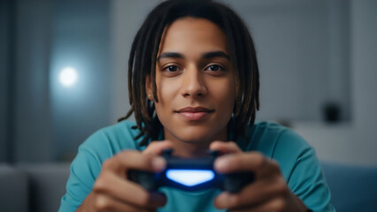 Young man intensely playing video game with controller in a dimly lit living room