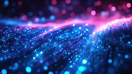 Glowing fiber optic data lines around urban city buildings