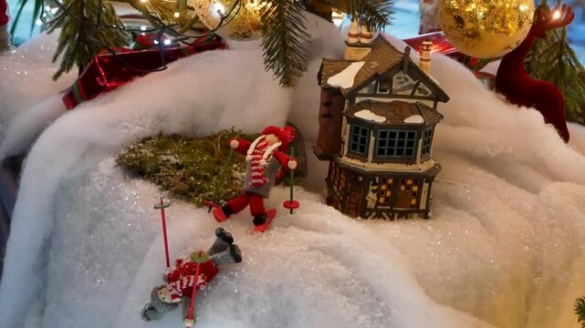 Miniature Christmas village scene with a small snow-covered house and tiny skiing figures under a decorated Christmas tree. Cozy holiday decoration, winter atmosphere and festive New Year mood. No peo