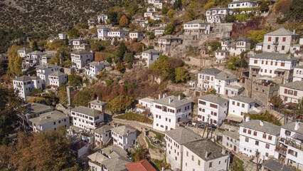 Fototapeta premium Makrinitsa village at Pelion mountain,Autumn,Aerial view,Magnesia,Thessaly,Greece