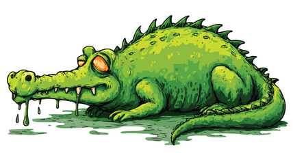 Cute Cartoon Sad Crocodile Feeling Ill with Outline Vector Illustration