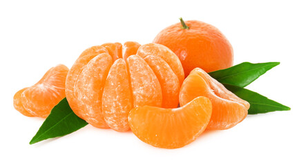 Peeled and unpeeled tangerines isolated on white