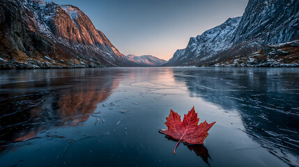 Serene Mountain Valley at Sunrise with a Vibrant Red Leaf on a Frozen Lake Surface Displaying Intricate Ice Patterns
