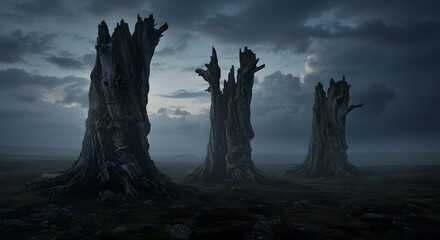 Dark and eerie landscape with gnarled dead trees under a stormy, dramatic sky