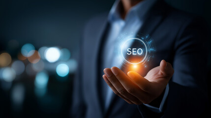 Faceless businessman holding glowing hologram of local SEO icons text search engine optimization stock photo digital marketing visualization technology interface business
