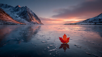 Golden Hour Light Over Snow Capped Mountains and a Peaceful Frozen Lake with a Red Leaf Floating in the Foreground