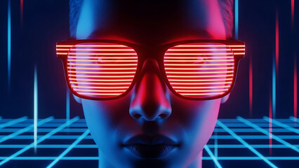 A futuristic person wearing high-tech glasses with red lenses stands in a neon-lit grid environment