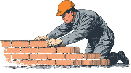 Professional Construction Worker Building Brick Wall
