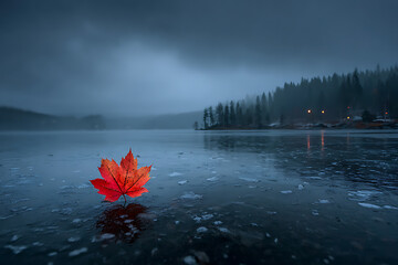 Illuminated Red Leaf on Wet Dark Ice During a Misty Evening by the Edge of a Pine Forest at Night