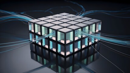 Translucent server cubes with pulsing data - Suitable for IT firms.