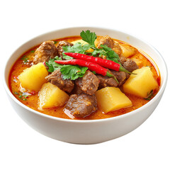 A delicious bowl of curry with meat and potatoes in a spicy sauce isolated on transparent background