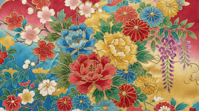 豪華な日本の着物の和柄テクスチャ　金糸の刺繍と四季の花