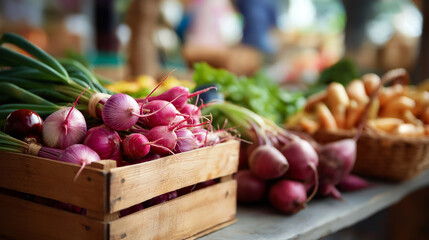 Fresh vegetables on wooden table at farmers market organic produce healthy food display agricultural products rustic presentation natural ingredients defocused